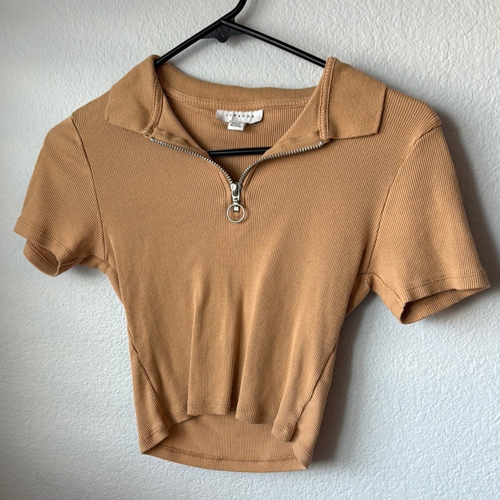 Tan Zip-Up Collared Crop Top